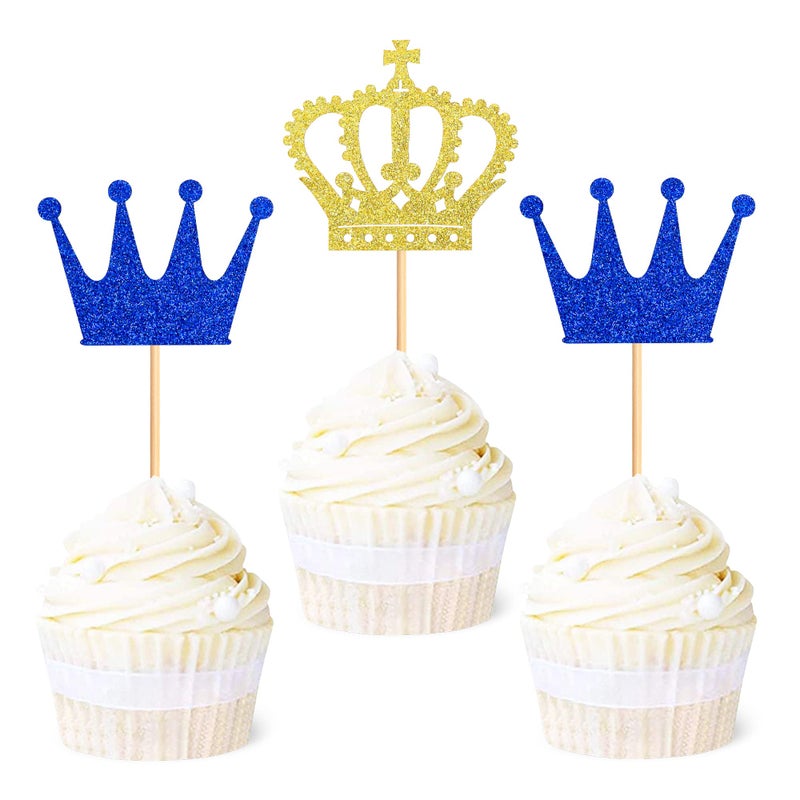 Ercadio 24 Pack Crown Cupcake Toppers - Royal Crown Prince & Queen Cupcake Picks for Theme Party Decoration Supplies - Image 1